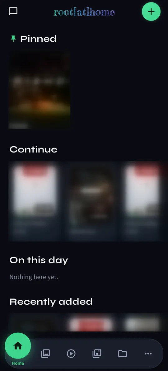root@home Home tab showing pinned items, Continue watching, On this day and Recently added