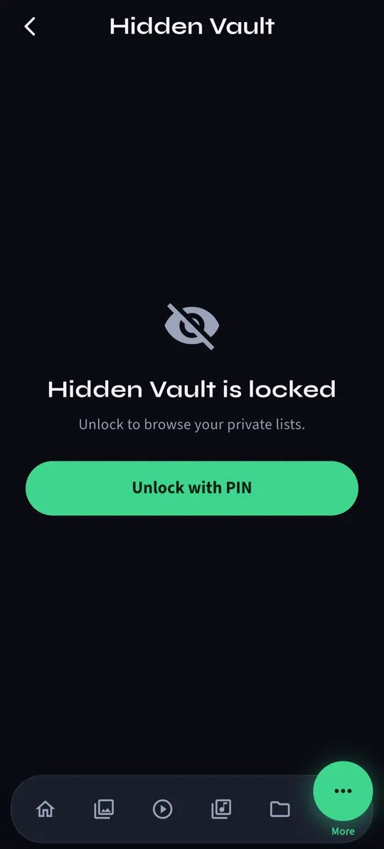 root@home Hidden Vault screen, locked, with an Unlock with PIN button