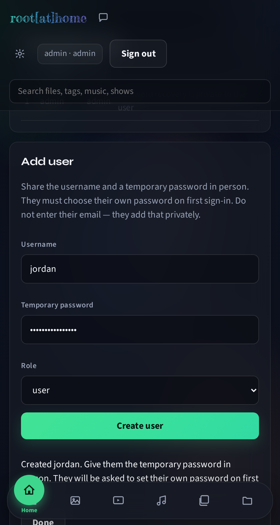 Admin screen after creating a user, showing the confirmation message