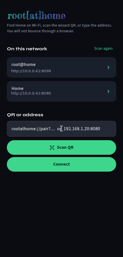 Pair screen listing a discovered server on the local network