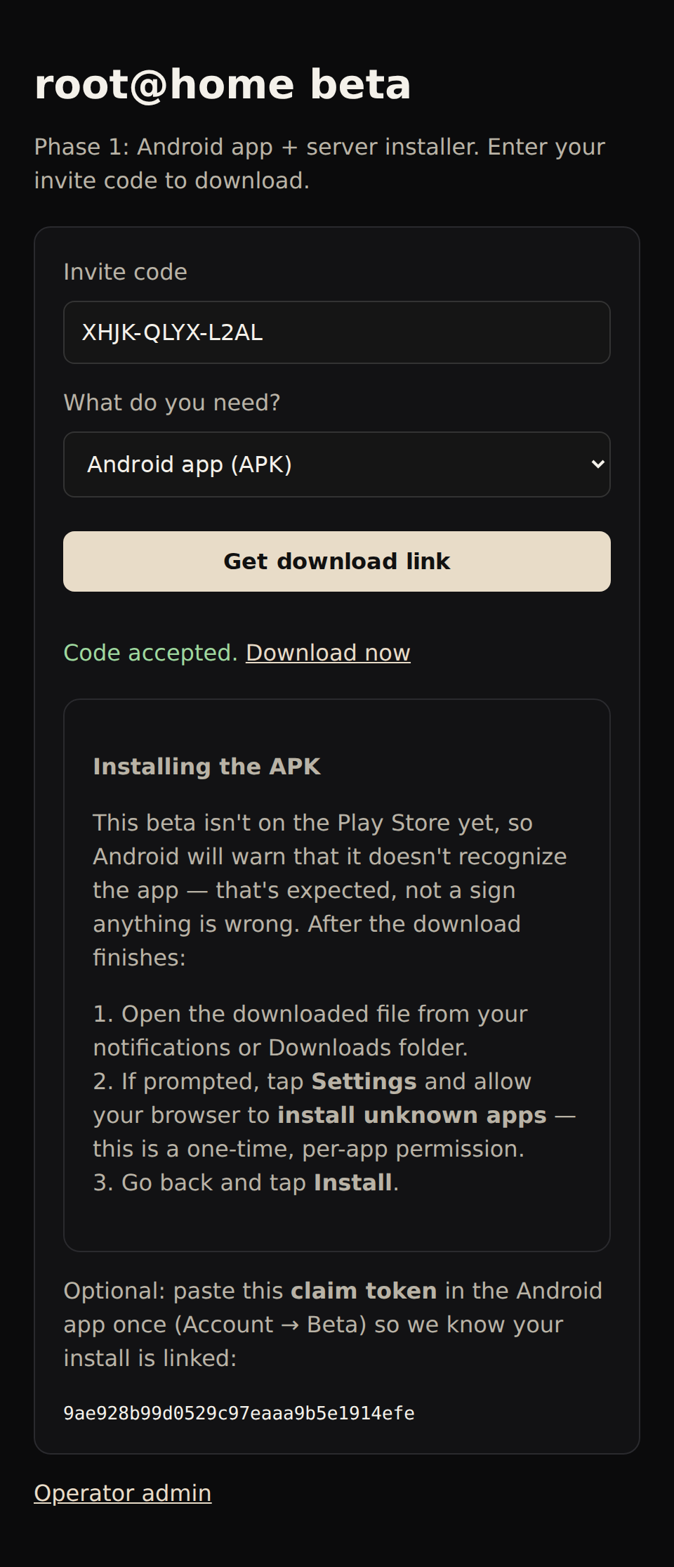 Download page showing Android install instructions after redeeming a code