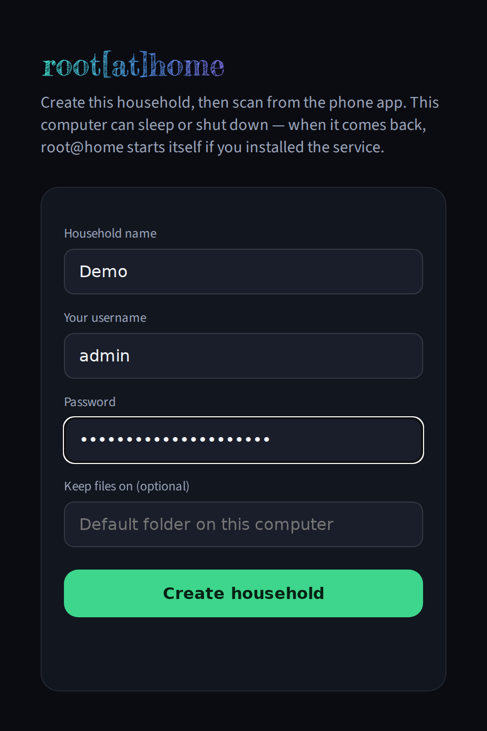 Setup wizard with household name, username, and password filled in
