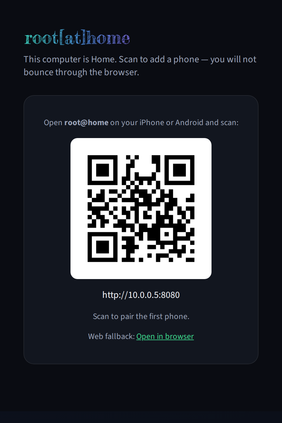 Setup wizard showing a QR code to pair the first phone